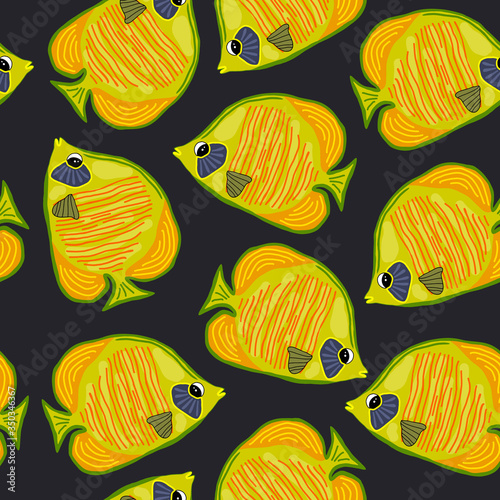 Golden butterfly fish pattern. Vector seamless pattern. Swimming fishes on black background. Design for summer scrapbooking, gift wrap, kids fashion prints, beach apparel. Cartoon style.
