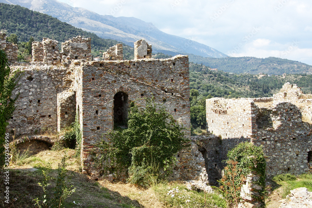 Ruins of residential buildings in the ancient city of Mystras. Peloponnese