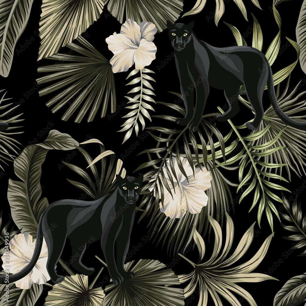 Tropical vintage black panther animal, white hibiscus flower, palm leaves  floral seamless pattern black background. Exotic jungle wallpaper. Stock  Vector | Adobe Stock