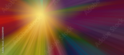 Sunburst background of streaks of light shining in yellow red pink and blue green blurred sunlight or sunshine rays or beams in colorful abstract sky, heaven background design