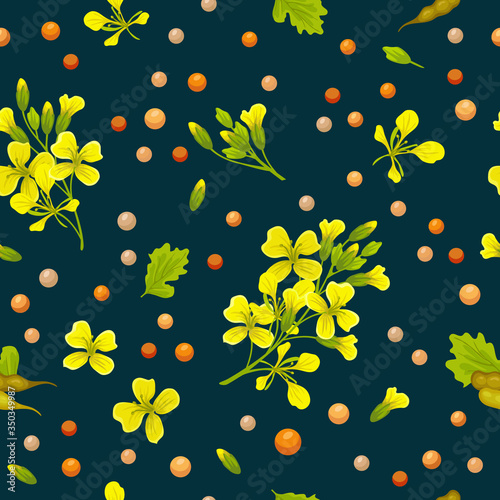 Seamless background of flower, seeds and leaves mustard. Vector illustration.