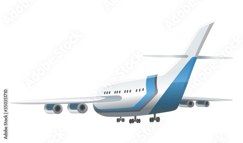 Airplane on white background. Airliner in side view. Vector realistic aircraft cargo. Passenger plane, sky flying aeroplane