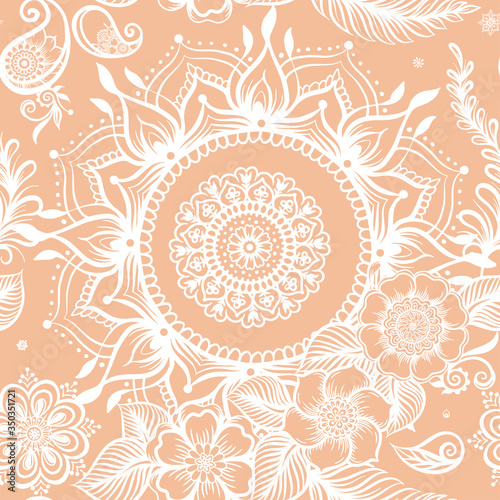 Eastern ethnic style compositions, mehendi, traditional indian henna floral ornament. Seamless pattern, background. Vector illustration.