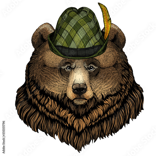 Grizzly bear. Austrian bavarian tirol hat. Beer festival. Oktoberfest.