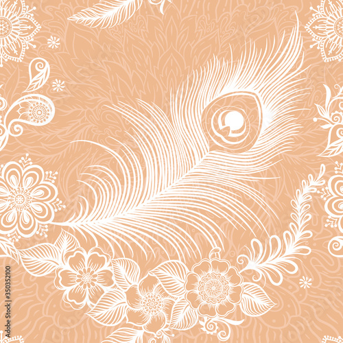 Peacock feathers in eastern ethnic style, mehendi, traditional indian white henna floral ornament. Seamless pattern, background. Vector illustration.
