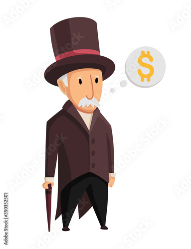 Image of a funny old man capitalist in a black suit and hat standing with a cane in his hands on a white background. Business, finance, monopoly, money
