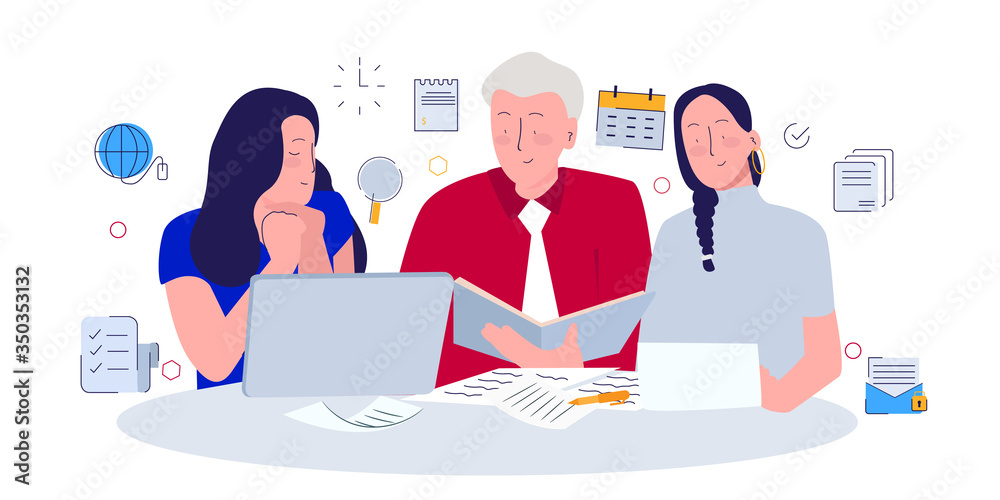 Manager evaluating data shown by his female staff. modern flat cartoon style. Manager evaluating data shown by his female staff. modern flat cartoon style.