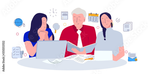 Manager evaluating data shown by his female staff. modern flat cartoon style.