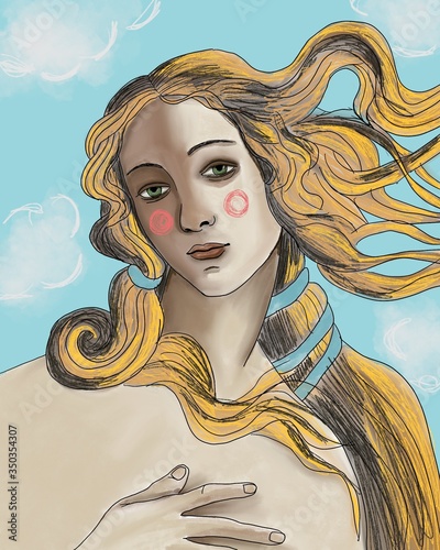 birth of venus illustration. sandro boticheli. beautiful blond woman. italian girl. Modern art. Hand drawn