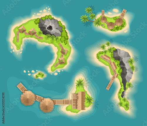 Top view islands with volcano. View from a height on a tropical island in the ocean. Vector cartoon tropical paradise sea island shore. Good sunny day