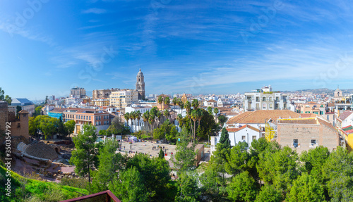 Panoramic view of big city, the cathedral of Malaga, church of St. Augustine and roman theatre. Costa del Sol. Malaga. Andalusia. Spain.