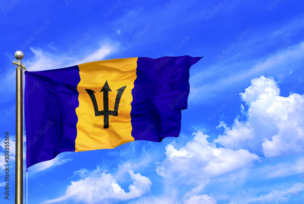 Barbados Blue Yellow Black Trident National Flag Waving In The Wind On 