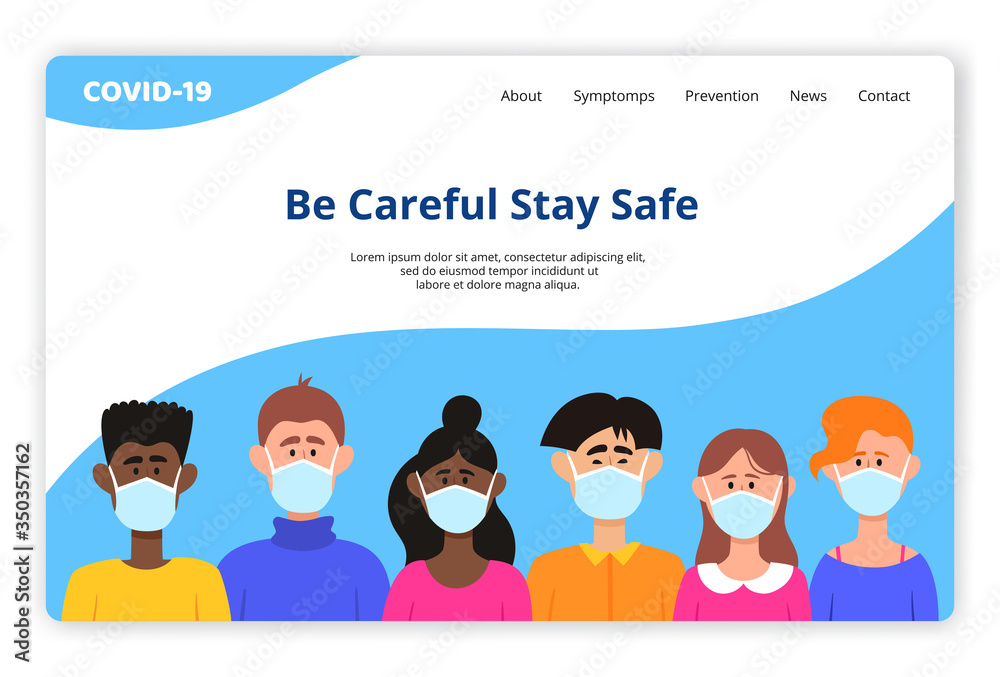 Vector template of website with different people in protective mask. Vector template of website with different people in protective mask.