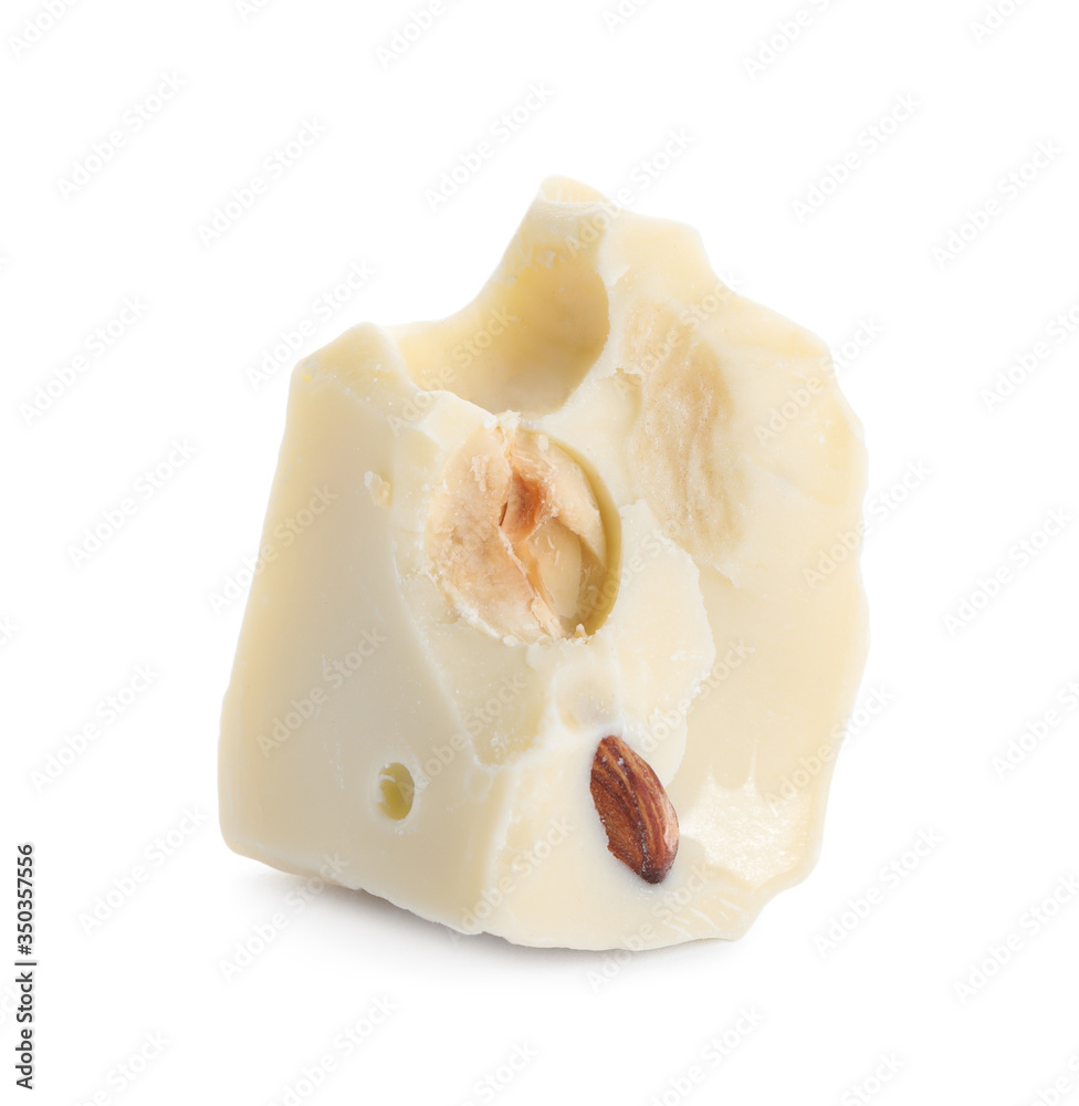 Piece of delicious chocolate with nuts isolated on white Piece of delicious chocolate with nuts isolated on white
