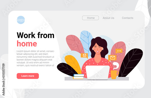 Landing web page template with young freelancer woman working on her laptop from home.  Homepage layout design.  Online job, home office, E-learning . Flat style vector illustration. 