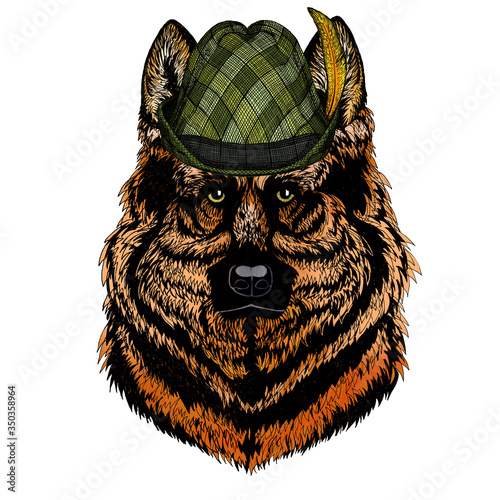 Sheepherd dog, sheepdog portrait. Austrian bavarian tirol hat. Beer festival. Oktoberfest.
