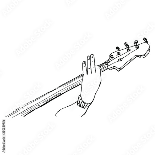 Isolated vector illustration. Human hand playing electric bass guitar. Hand drawn linear doodle sketch. Black silhouette on white background.
