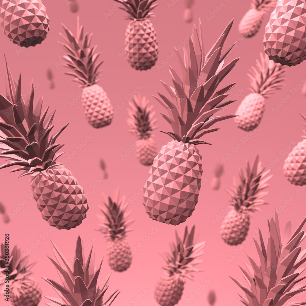 3D-illustration of flying pastel pink pineapples against pink background.  wall mural wallpaper 