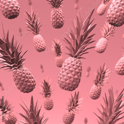 3D-illustration of flying pastel pink pineapples against pink background.