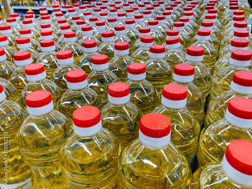 Sunflower oil warehouse close-up in a supermarket. Vegetarianism, healthy food