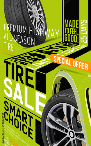 Advertising brochure. Sale of wheels and tires for cars and racing cars. Quality vector. Promotion. Tire car advertisement poster. Information. Store. Action. Landscape poster. Digital banner. Flyer.