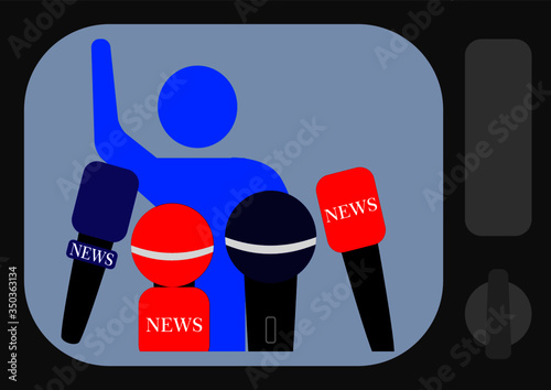 Audio correspondent microphone for interviewing in the news. TV news. Press conference. Freedom of speech. Mass media. Voice recording by microphone. Audio technology.