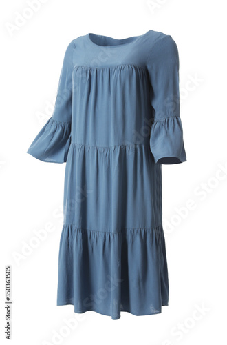 Beautiful blue ruffle dress on white background