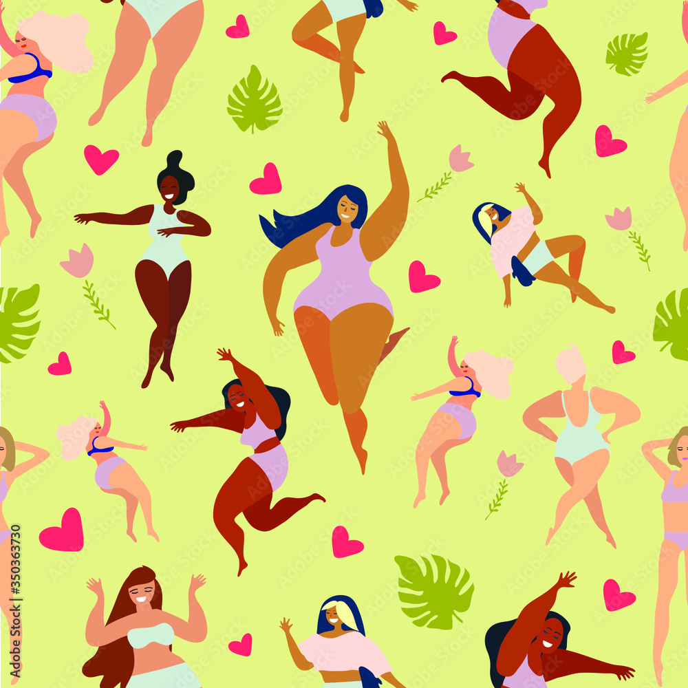 Happy girls. Body positive movement and beauty diversity. Seamless pattern. Vector illustration. 