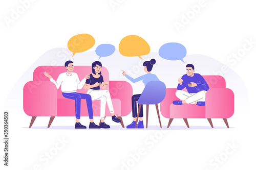Support mental health medical treatment concept. Young people counseling with psychologist in psychotherapy session. Group therapy. Psychological counseling services. Isolated vector illustration