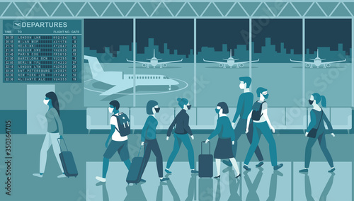 Crowd of passengers wearing protective medical masks in airport departure area. Travel during coronavirus COVID-19 disease outbreak