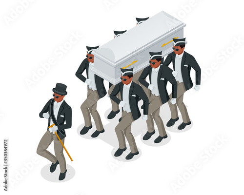 Dancing Coffin. Meme with black men who carry the coffin and dance. Isometric illustration photo