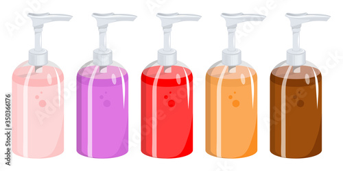 Different colors of liquid soap. Plastic bottle with dispenser airless pump. Full container with liquid gel, soap, lotion, cream, shampoo. Different bottle of soap with various aromas.
