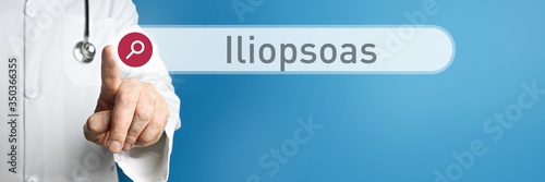 Iliopsoas. Arzt zeigt mit Finger auf Suchfeld im Internet. Text steht in der Suche. Blauer Hintergrund. Medizin, Gesundheitswesen photo