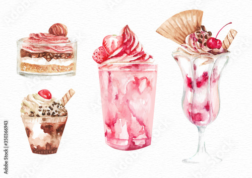 	
Set of watercolor dessert ice cream on glass