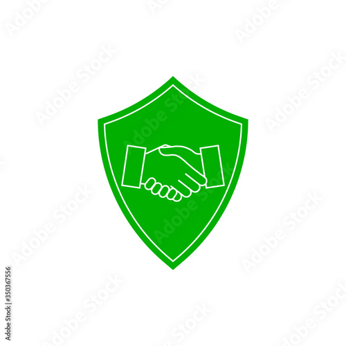 Safe bargain glyph color icon. Protection shield with handshake. Silhouette symbol on white background. Vector illustration