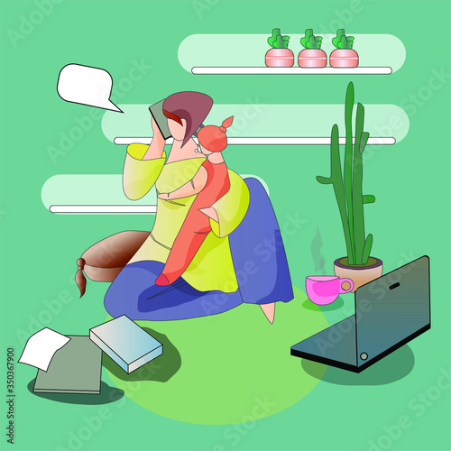 busy mom with kid working at home. Beautiful business mom is using a laptop and speaking the phone. while her cute little baby is sitting on her hands