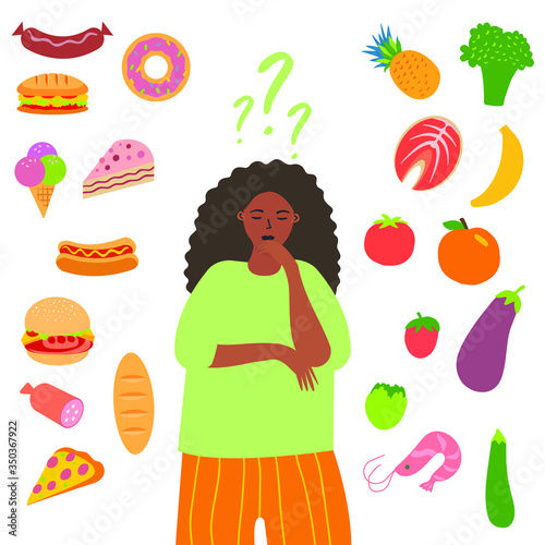 Flat vector cartoon illustration of a woman choosing between healthy and unhealthy food. Fast food vs. balanced menu comparison of isolated food. The concept of proper nutrition.