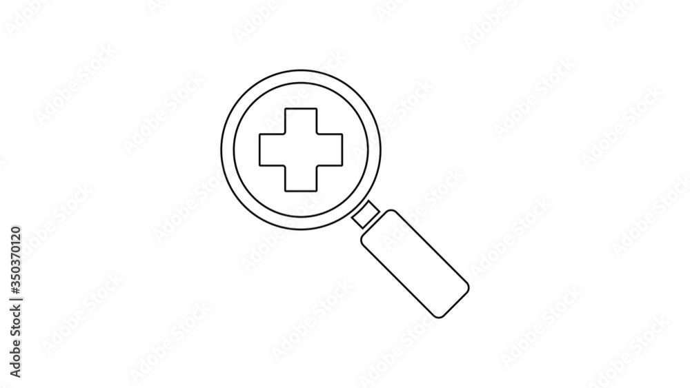 Black line Magnifying glass for search medical icon isolated on white background. Hospital search. 4K Video motion graphic animation Black line Magnifying glass for search medical icon isolated on white background. Hospital search. 4K Video motion graphic animation