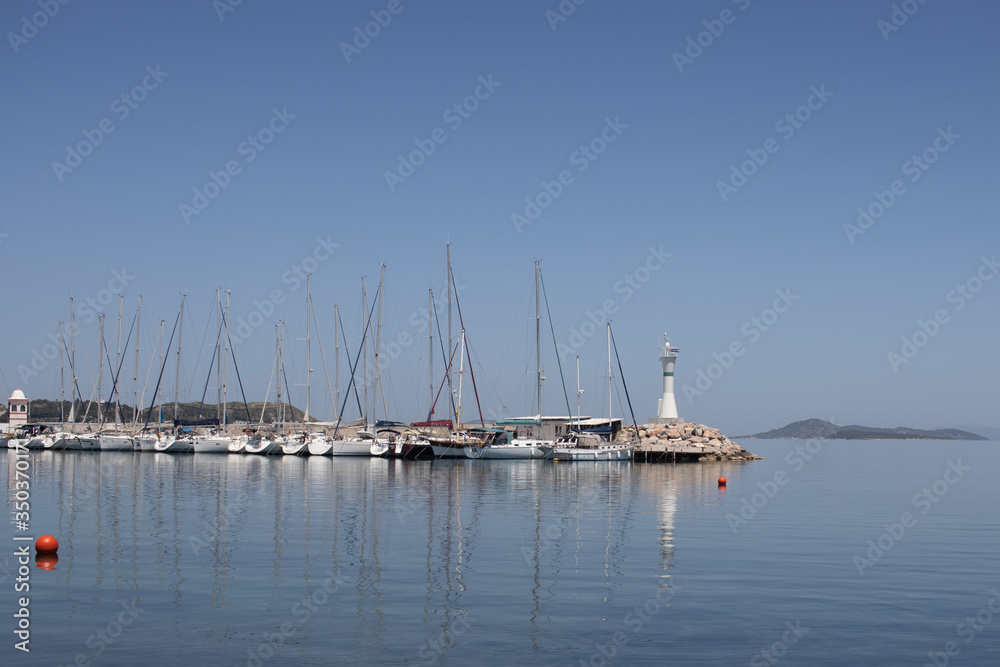 Urla, Turkey - may 12, 2020 : Harbour view in Iskele, Urla. Urla is populer fishing old town in Izmir.