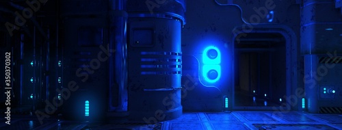 3D illustration of a futuristic room with blue neon lights. Cyberpunk scene. Industrial wallpaper. 