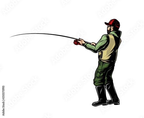 Angler holding fishing rod colorful concept