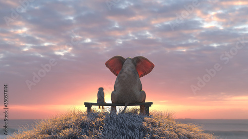 Photography elephant and dog watch the sunrise on the seashore
