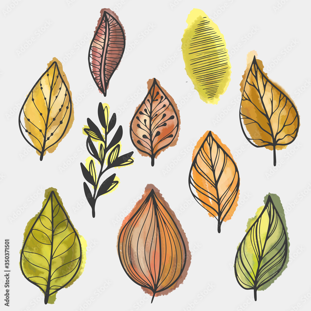 Obraz premium Hand drawn colorful early spring leaves leaves set