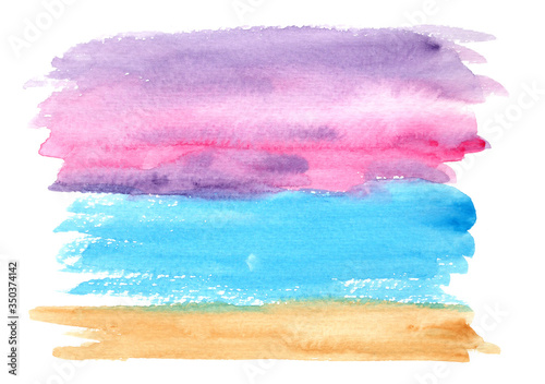 Bright horizontal brown, blue, purple and pink watercolor landscape background, wash technique. Abstract violet sky and turquoise water watercolour textured concept, marine nature illustration