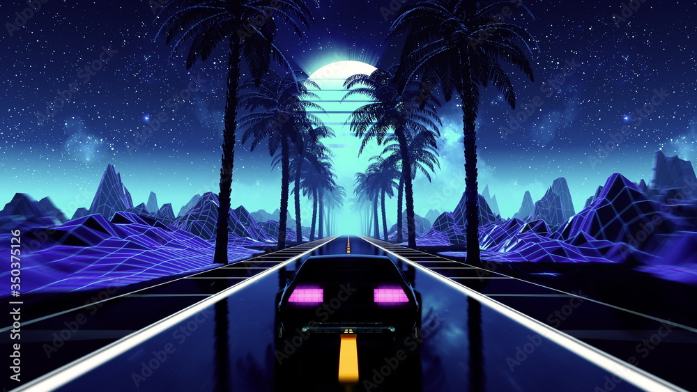 80s retro futuristic sci-fi seamless loop with vintage car. Riding in  retrowave VJ videogame landscape, blue neon lights and low poly grid.  Stylized cyberpunk vaporwave 3D animation background. 4K Stock Illustration  |