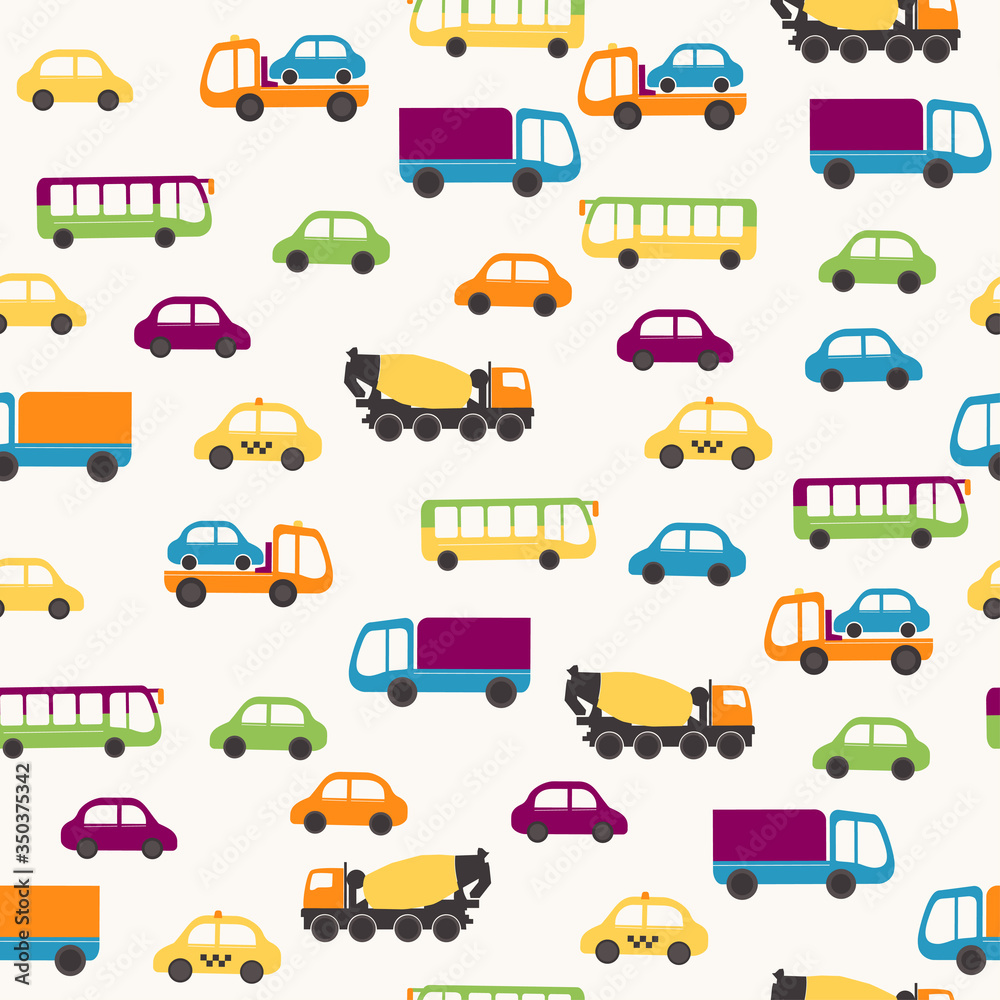 Seamless flat cartoon vector pattern with cars, bus and trucks