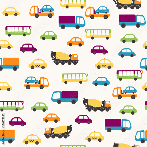 Seamless flat cartoon vector pattern with cars  bus and trucks