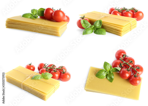 Set with stack of uncooked lasagna sheets, tomatoes and basil on white background