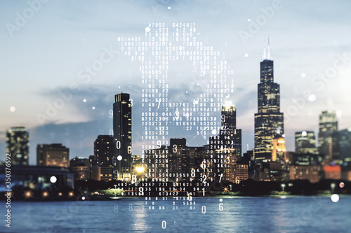 Virtual Bitcoin hologram on Chicago skyline background. Multiexposure