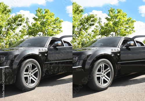 Modern black automobile before and after washing outdoors © New Africa